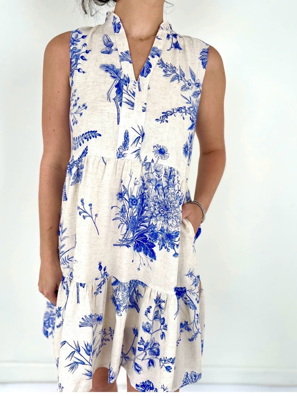THML Cream Dress with Blue Botanical Print size medium